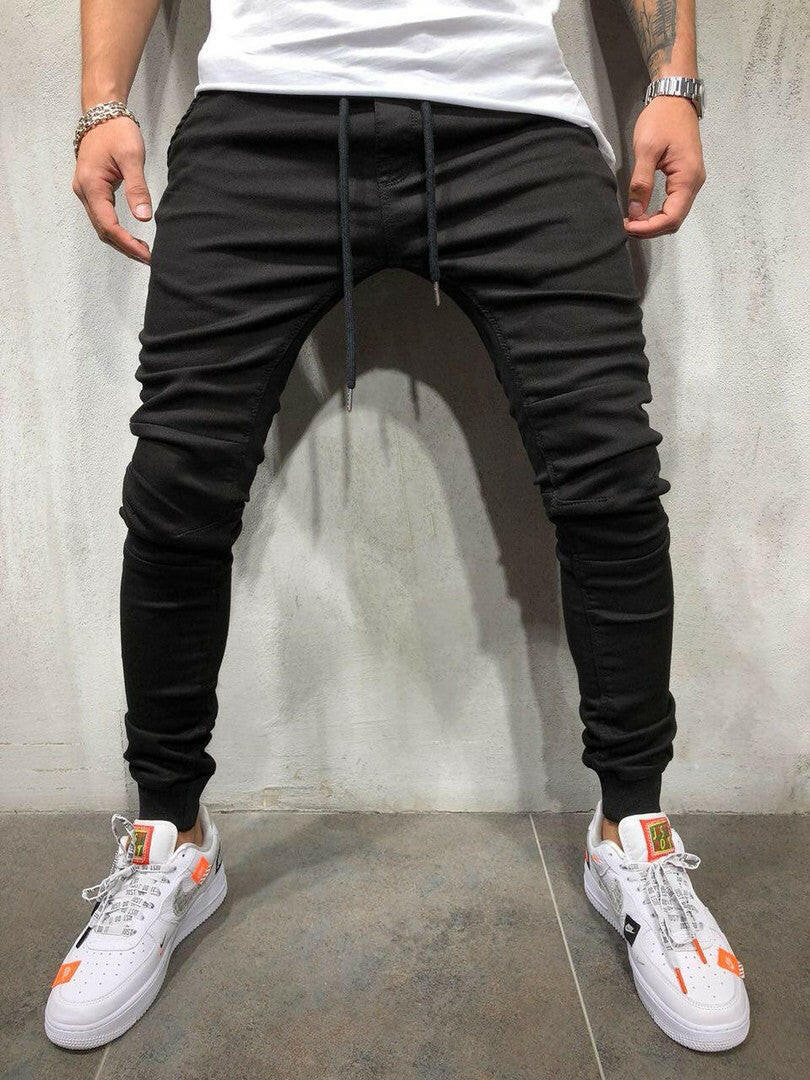 Denim fabric casual sports pants Black