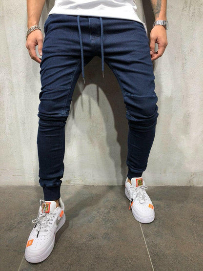 Denim fabric casual sports pants Navy blue