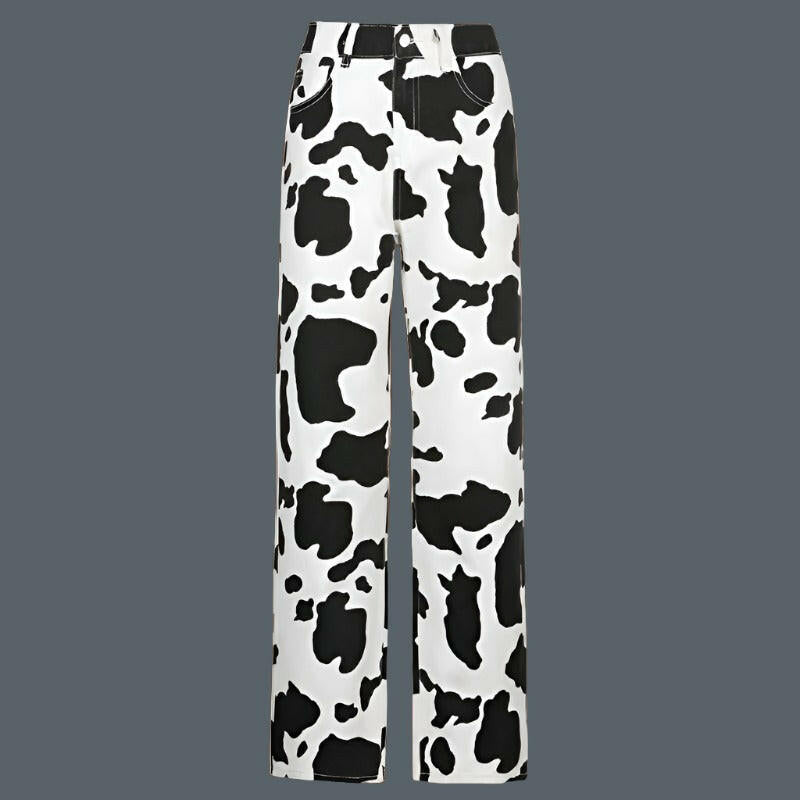 Black And White Contrast Cow Pattern Drape Straight-leg Pants Black and White