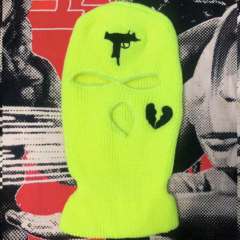 UZI Broken Heart Embroidered Acrylic Three-hole Ski Mask Fluorescent One size