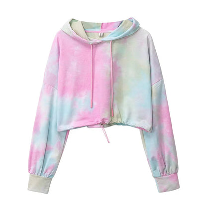 Women Crop Hoodie Tie Dye Pink Tie Dye