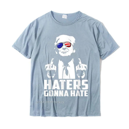 Funny Haters Gonna Hate President Donald Trump Middle Finger T-Shirt Cotton Men Tshirts Summer Tees Brand New Geek Sky blue