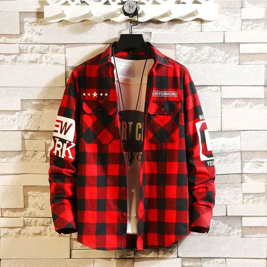 Men's Streetwear Thick Shirts Men Clothing Color Block Plaid Shirt Long Sleeve Male Vintage Fashion Clothes red