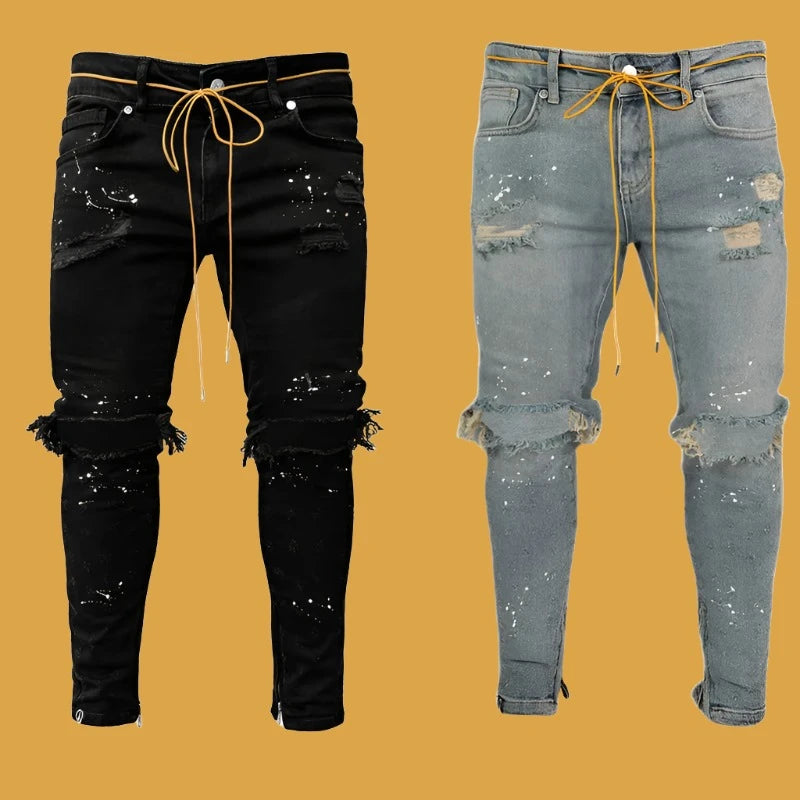 Men Casual Slim Fit Jeans Ripped Skinny Distressed Holes Denim Pants Destroyed Streetwear