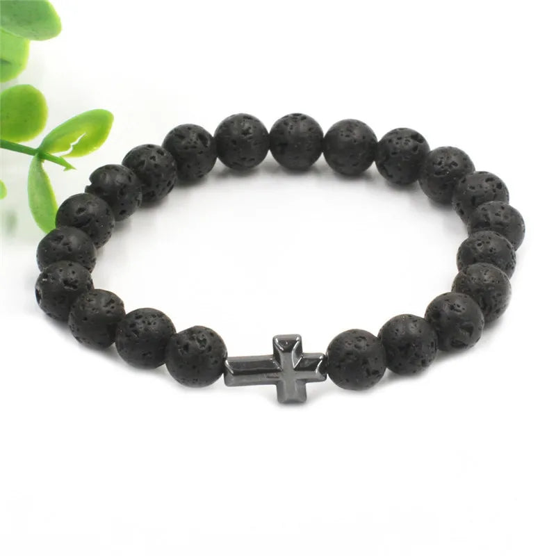 Natural Lava stone beads Healing Balance Chakra charm bracelet 8mm tiger eye bead Tibetan Buddha Prayer Bracelet Hematite cross