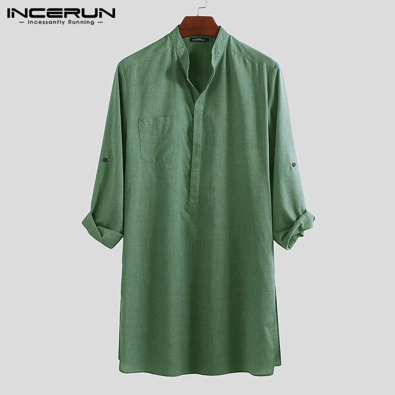 INCERUN Men Shirt Solid Color Stand Collar Long Loose Vintage Casual Tops Indian Clothes Camisa Sleeve Men Long Shirts 2023 5XL Green Shirt