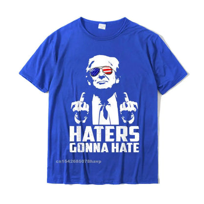 Funny Haters Gonna Hate President Donald Trump Middle Finger T-Shirt Cotton Men Tshirts Summer Tees Brand New Geek Blue