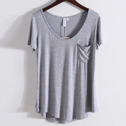 Modal Pocket Summer Tees Women Black/Gray/White/Beige Short Sleeve Loose V-neck Pure Color Soft T-shirt Female GRAY