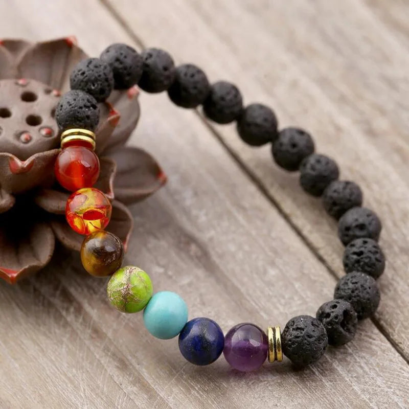 Natural Lava stone beads Healing Balance Chakra charm bracelet 8mm tiger eye bead Tibetan Buddha Prayer Bracelet Gold alloy