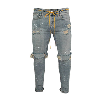 Men Casual Slim Fit Jeans Ripped Skinny Distressed Holes Denim Pants Destroyed Streetwear Sky blue