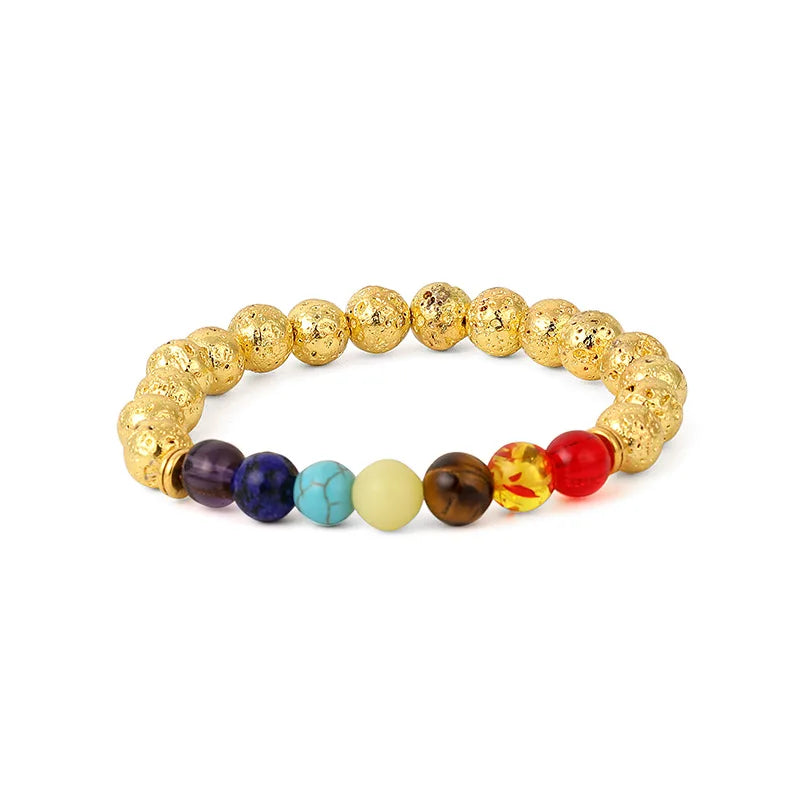 Natural Lava stone beads Healing Balance Chakra charm bracelet 8mm tiger eye bead Tibetan Buddha Prayer Bracelet gold Chakras