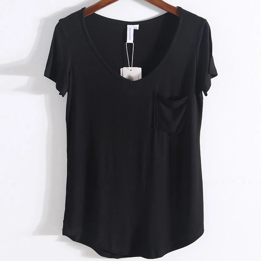 Modal Pocket Summer Tees Women Black/Gray/White/Beige Short Sleeve Loose V-neck Pure Color Soft T-shirt Female Black