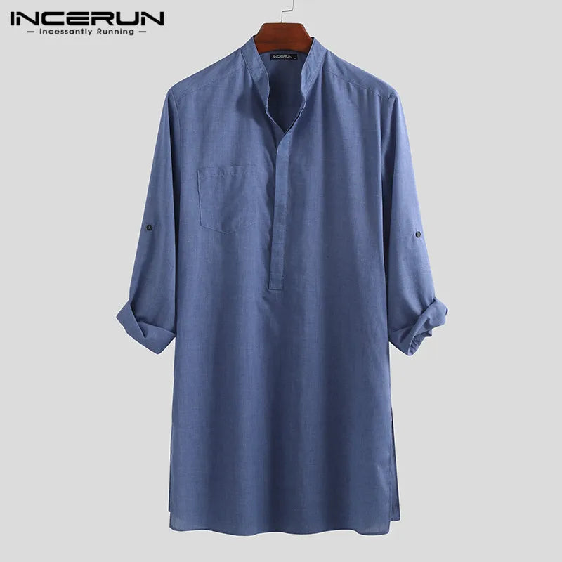 INCERUN Men Shirt Solid Color Stand Collar Long Loose Vintage Casual Tops Indian Clothes Camisa Sleeve Men Long Shirts 2023 5XL Blue Shirt