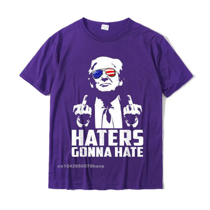 Funny Haters Gonna Hate President Donald Trump Middle Finger T-Shirt Cotton Men Tshirts Summer Tees Brand New Geek PURPLE