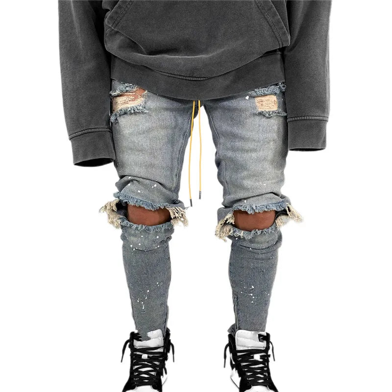 Men Casual Slim Fit Jeans Ripped Skinny Distressed Holes Denim Pants Destroyed Streetwear