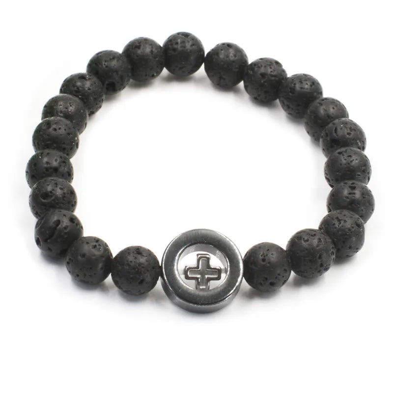 Natural Lava stone beads Healing Balance Chakra charm bracelet 8mm tiger eye bead Tibetan Buddha Prayer Bracelet Hematite cross 1