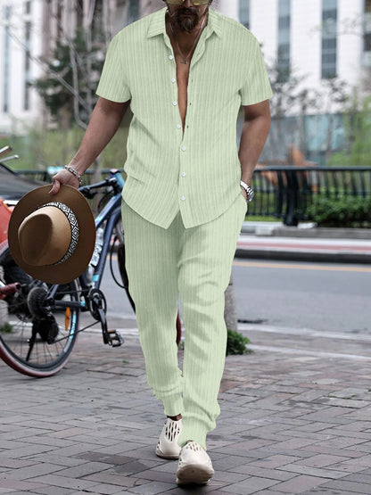 Summer Fashion Men's Sets Solid Color Stripe Streetwear Short Sleeve Shirt & Pants Two Pieces Sets Casual Suits S-3XL DXCK-Light green