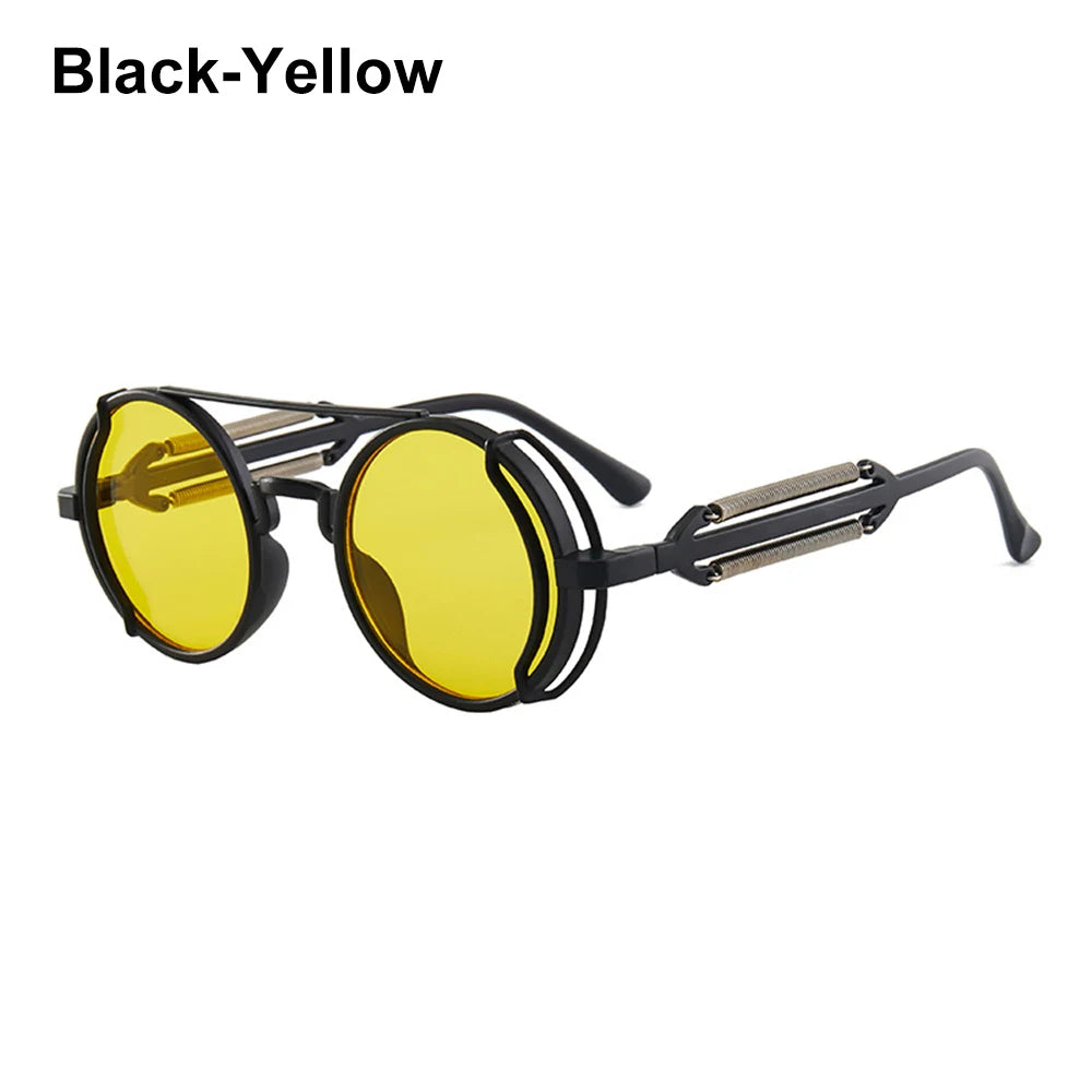 Steampunk Sunglasses Men Women Vintage Metal Round Punk Eyewear Colorful Lens Fashion Sun Glasses Gothic Style UV400 Shades Black-Yellow