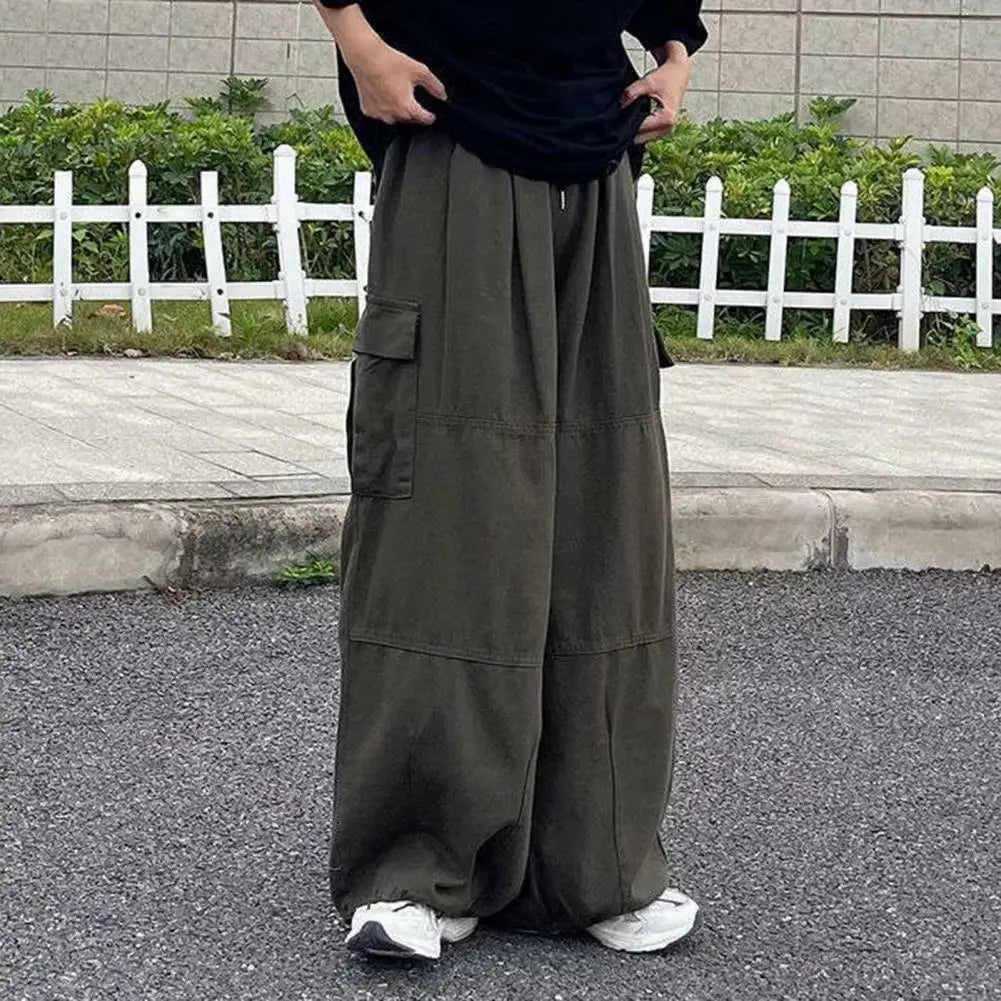 Trendy Cargo Pants Four Seasons Men Pants Elastic Waist Drawcord Leg Opening Pants Streetwear