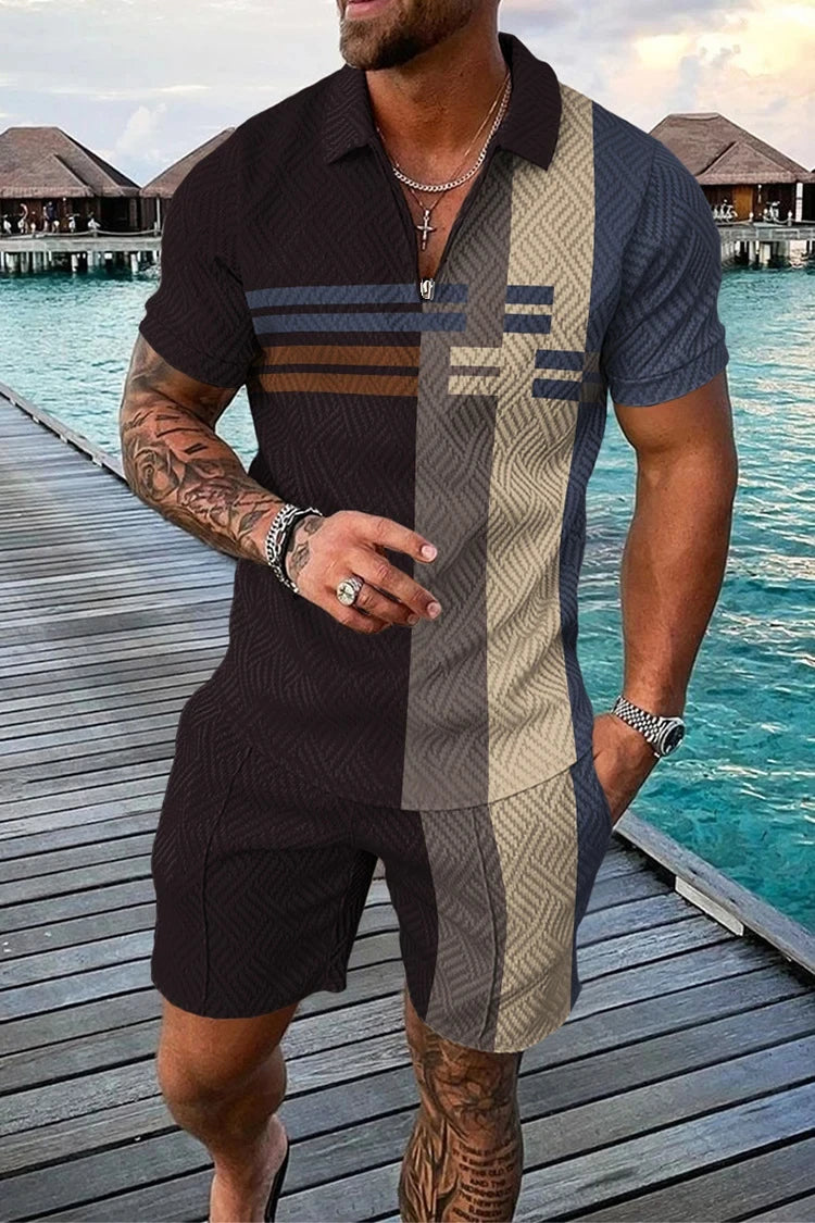 Men's Summer Tracksuit Sports Suit Men Set 3D Printed Casual Short Sleeve T Shirt Lapel Zip Polo Shirt Male Clothing Jogging 1215-Polo-54