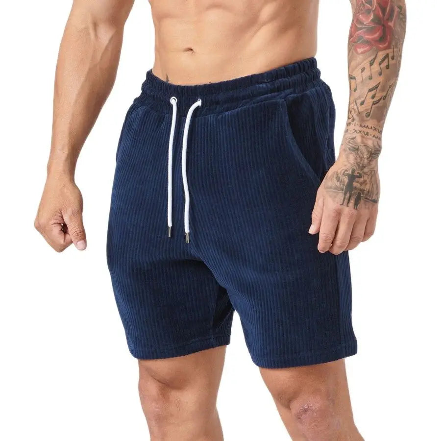 2024 Summer New Corduroy Tracksuit Men's Short Sleeve T-Shirt+Shorts 2 Piece Set Sports Suit Men Gyms Fitness Sportswear Male Navy Shorts