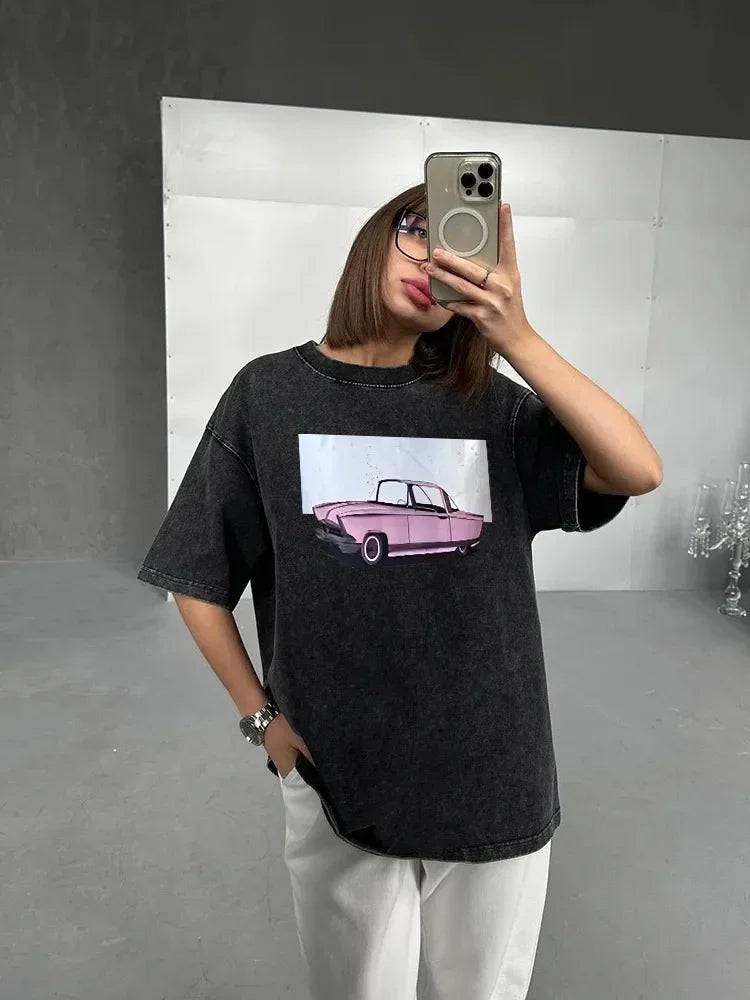 Acid Washed T Shirt Women Vintage Cotton T-shirts Streetwear Soft Mineral Tees Girl Loose Luxury Brand Tops Y2k Pink