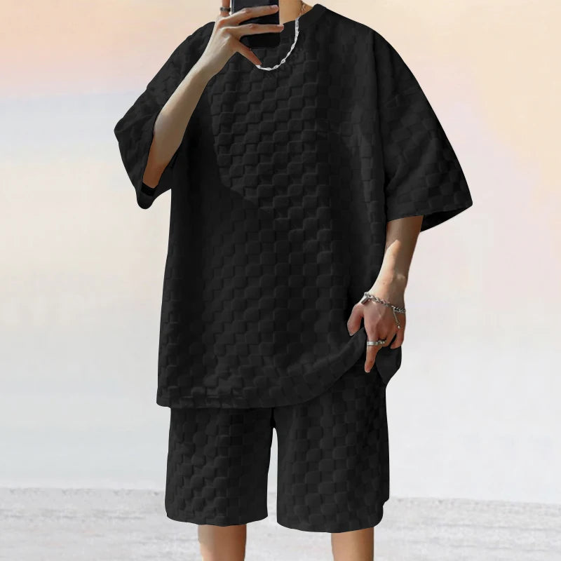 2024 Spring/Summer Trendy Brand New Men's Checkerboard Loose Sports and Leisure Two Piece Set for Men black