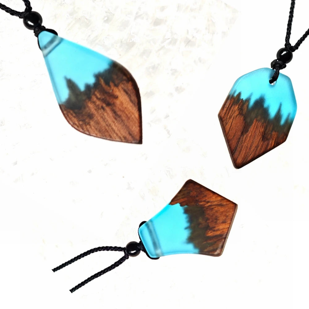 Unisex Fashion Wood Resin Necklace Pendant, Woven Adjustable Rope Chain