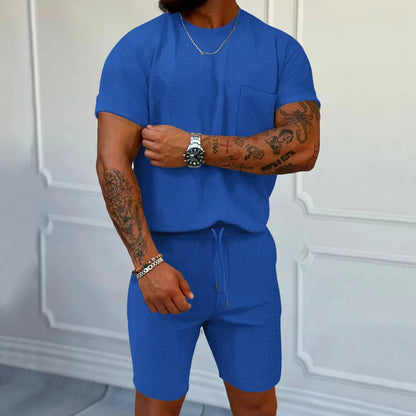 Cross-border summer European and American trend waffle round neck pocket short-sleeved shorts suit casual sports suit for m Blue