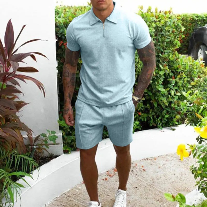 Summer Clothing Men's Luxury Tracksuit Set Casual Short Sleeve Solid Color Polo Shirt+Shorts Streetwear 2 Piece Suit 2024 New Sky blue