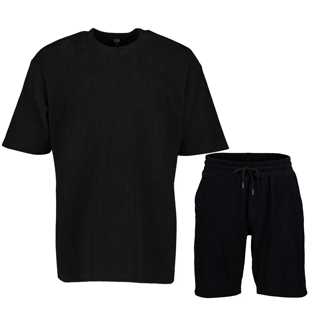 Summer Men's Striped Suit Loose Crew Neck Short-sleeved T-shirt And Shorts Solid Color Sports Casual Two-piece Set black