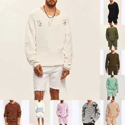 Casual Knitwear Men Two Piece Sets Long Sleeve O Neck Tops and Shorts