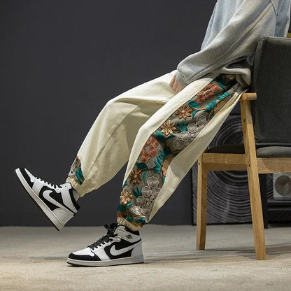 Fashion Casual Pants Men's Clothing Japanese Samurai Embroidery Patchwork Harem Trousers