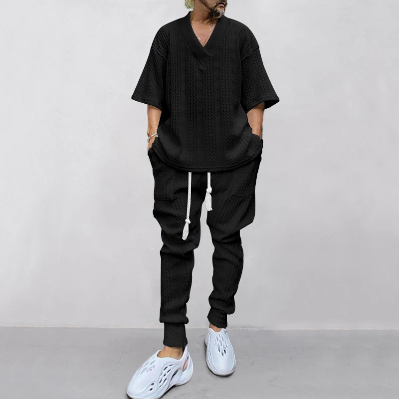 New Casual Loose 7/4 Sleeve Jacquard Knitted Shirt Top Long Pants Men's Set black