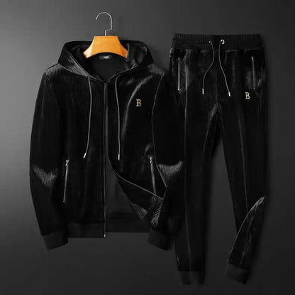 High end Leisure Sports Hooded Set Men's Gold Velvet Two piece Set Loose Autumn and Winter New Men's Wear Gold CHINA