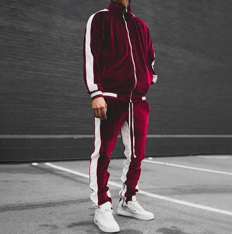 New 2024 Spring Autumn Men's Velvet Set Sport Suit Male Velour Thick Hoodies+ Pants Warm Sweatshirt Sportswear Tracksuit For Men Red