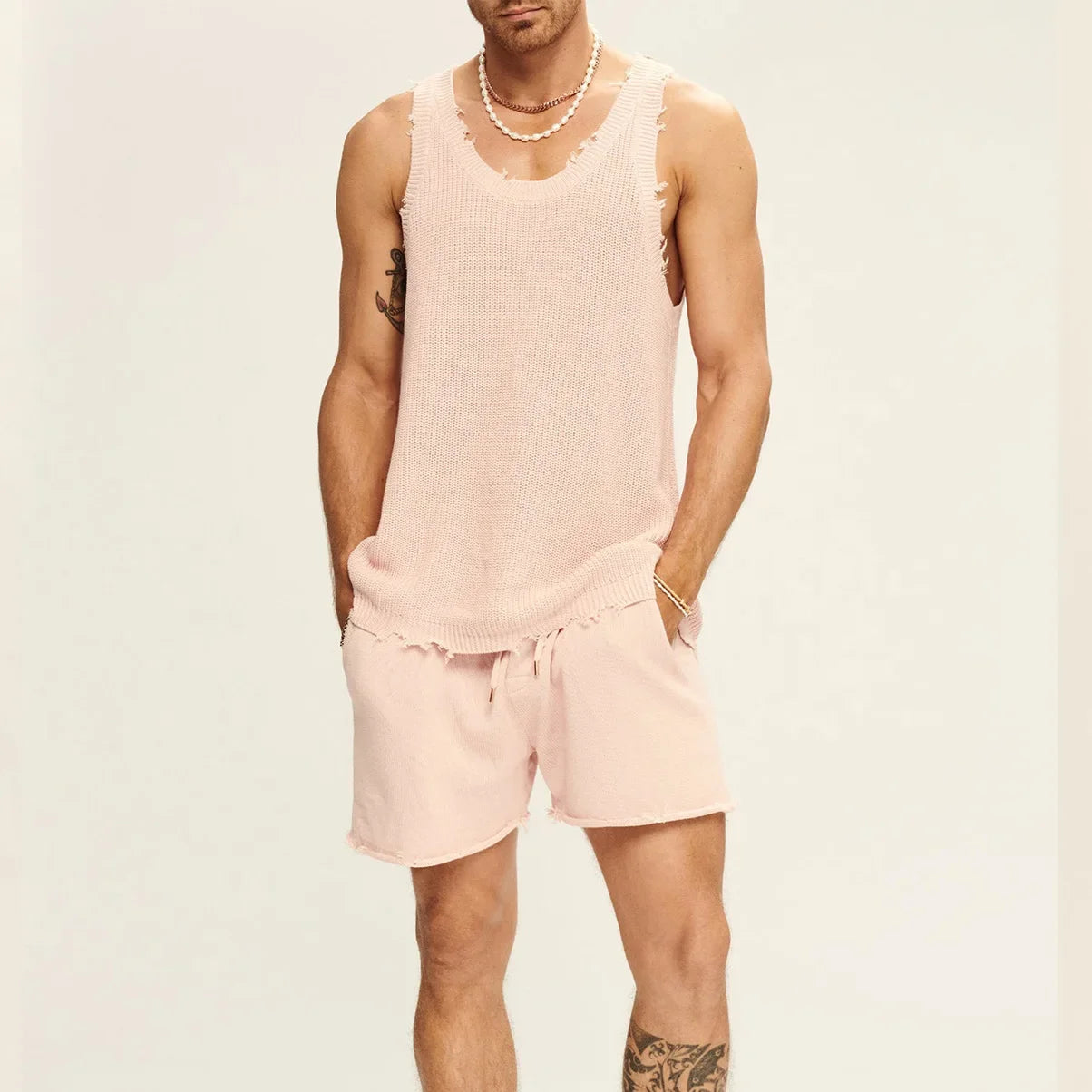 Men's Suit Two-piece Sets Knitted Sleeveless Tank Top Shorts Casual Sports Fashion Suit Streetwear Men's Fashion Tracksuit Pink