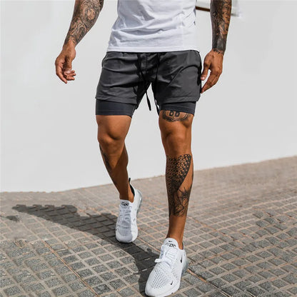 NEW 2 IN 1 Sport Running Casual Breathable Shorts Men Double-deck Jogging Quick Dry GYM Shorts Fitness Workout Men Shorts grey no logo