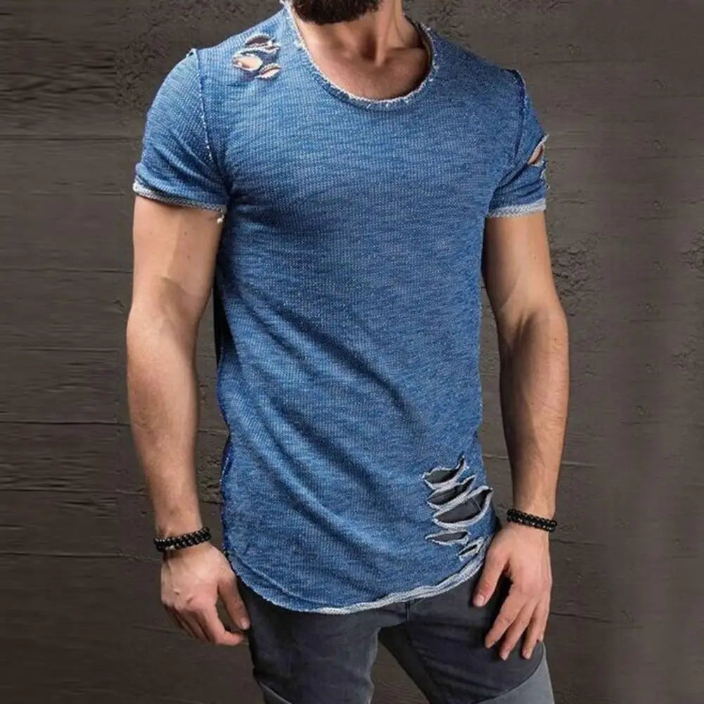 Cotton Blend Stylish Hole Design Top Pullover Cloth Men Shirt Solid Color