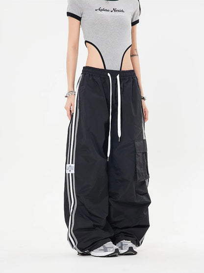 Y2K Kpop Cargo Pant Women Drawstring Pockets Wide Leg Chic Punk Pants Baggy Striped Sports Sweatpants Parachute Jogger Trousers