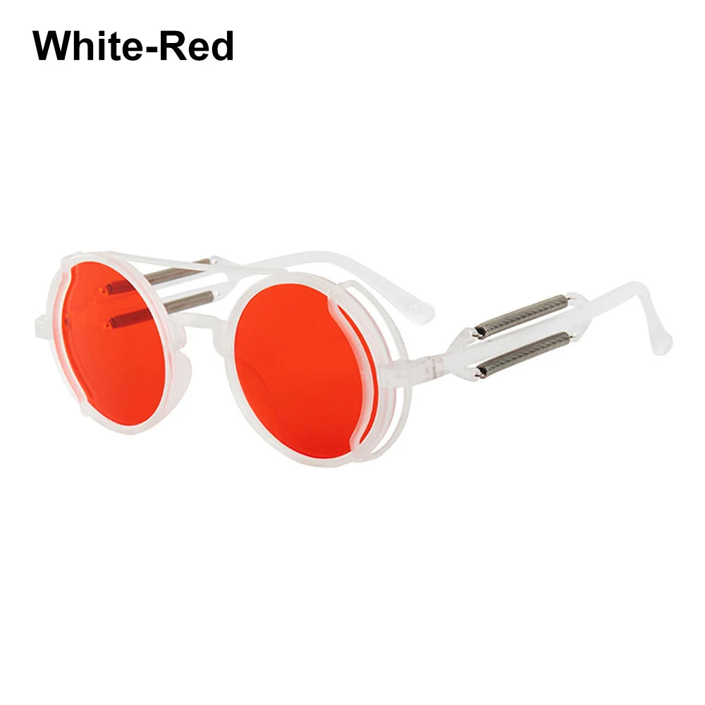 Steampunk Sunglasses Men Women Vintage Metal Round Punk Eyewear Colorful Lens Fashion Sun Glasses Gothic Style UV400 Shades White-Red