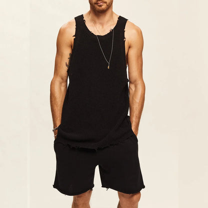 Men's Suit Two-piece Sets Knitted Sleeveless Tank Top Shorts Casual Sports Fashion Suit Streetwear Men's Fashion Tracksuit Black