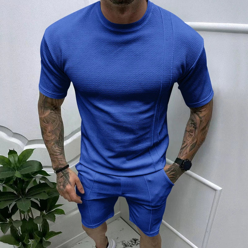 Summer New Men's Pullover Round Neck T-shirt Sports Casual Top Men's Short sleeved Shorts Set TreasureBlue