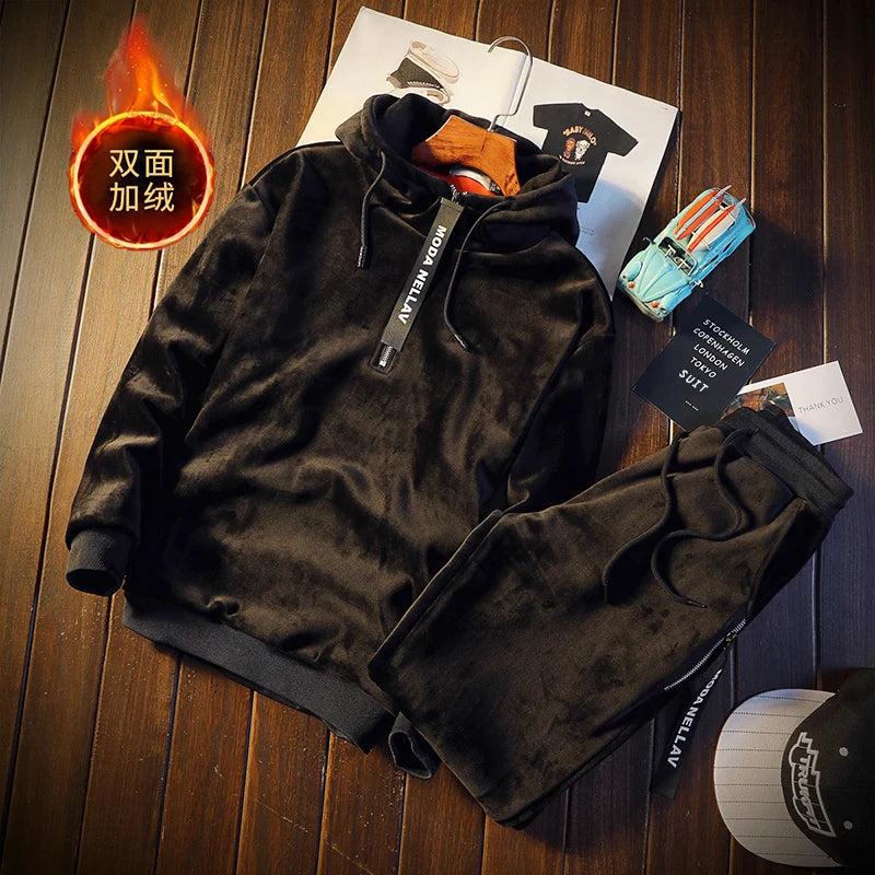 Men's Double-sided Hoodies with Pants Velvet Winter Suit Autumn New Leisure Gold Velvet Set Two Piece Tracksuit black with pants