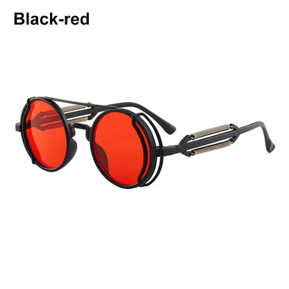 Steampunk Sunglasses Men Women Vintage Metal Round Punk Eyewear Colorful Lens Fashion Sun Glasses Gothic Style UV400 Shades Black-Red