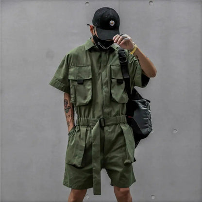 HOUZHOU Techwear Short Jumpsuit for Men Black Bodysuits Overalls Men Green Male Japanese Streetwear Summer Pockets Hip Hop Green