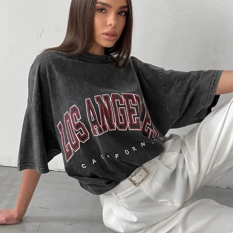 Acid Washed T Shirt Women Vintage Cotton T-shirts Streetwear Soft Mineral Tees Girl Loose Luxury Brand Tops Y2k 1