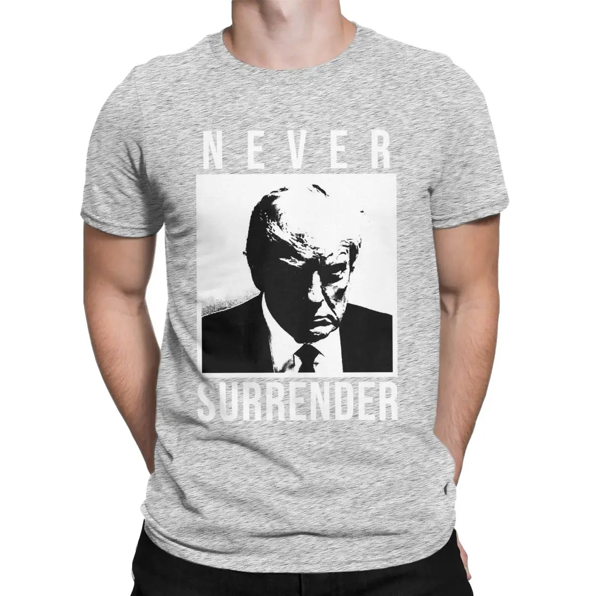 Men's T-Shirts TRUMP MUGSHOT Never Surrender Novelty 100% Cotton Tees Short Sleeve Donald T Shirt O Neck Clothes Gift Idea GRAY