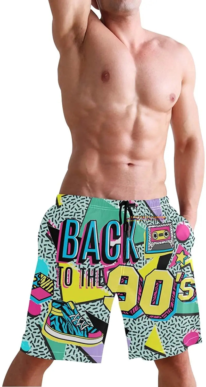 Funny Retro 80s 90s Icons Mens Swim Trunks Quick Dry Beach Board Shorts Summer Surf Boardshorts with Side Pockets High Quality