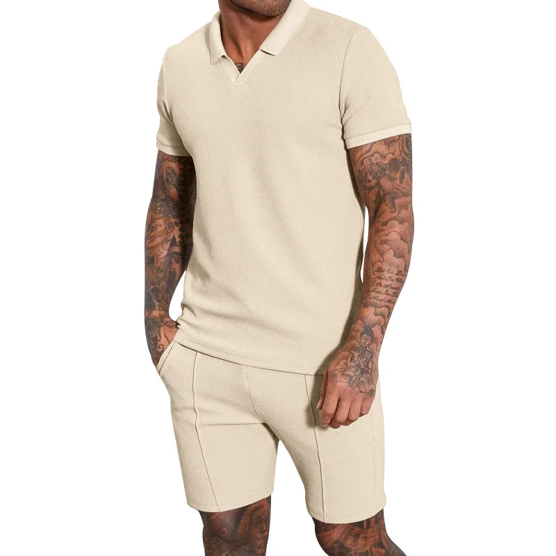 2024 Summer New Waffle V-neck Short sleeved Shorts Two piece Set with Polo Polo Set for Men khaki